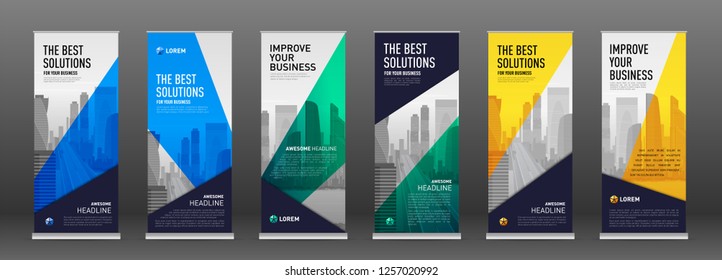 Construction roll up banner design templates set. Abstract geometry with colored cityscape vector illustration on background.