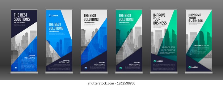 Construction roll up banner design templates set. Abstract geometry with colored cityscape vector illustration on background.