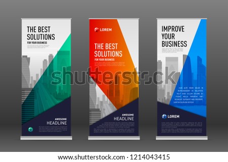 Construction roll up banner design templates set. Abstract geometry with colored cityscape vector illustration on background.