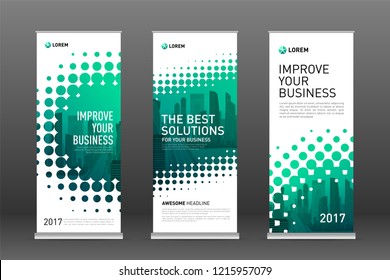 Construction roll up banners design templates set. Vertical banner for event with skyscrapers vector illustration on background.