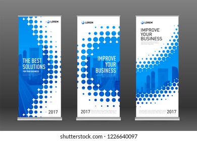 Construction roll up banners design templates set. Vertical banner for event with skyscrapers vector illustration on background.