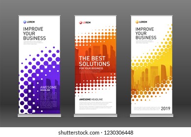 Construction roll up banners design templates set. Vertical banner for event with skyscrapers vector illustration on background.