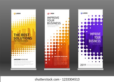 Construction roll up banners design templates set. Vertical banner for event with skyscrapers vector illustration on background.