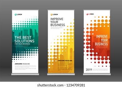 Construction roll up banners design templates set. Vertical banner for event with skyscrapers vector illustration on background.