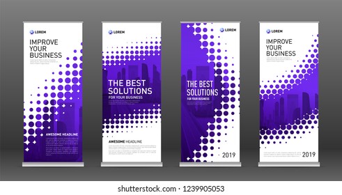 Construction roll up banners design templates set. Vertical banner for event with skyscrapers vector illustration on background.