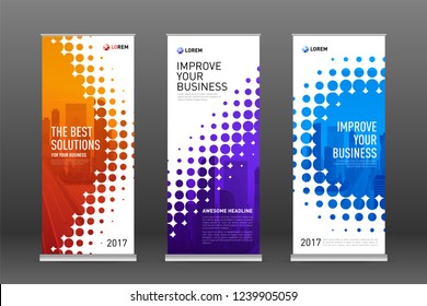 Construction roll up banners design templates set. Vertical banner for event with skyscrapers vector illustration on background.