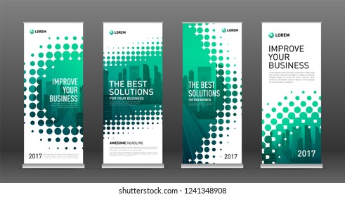 Construction roll up banners design templates set. Vertical banner for event with skyscrapers vector illustration on background.