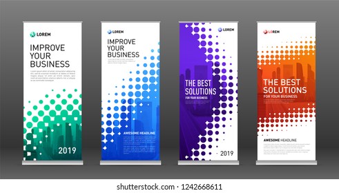 Construction roll up banners design templates set. Vertical banner for event with skyscrapers vector illustration on background.