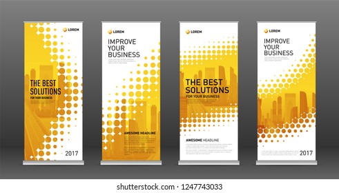 Construction roll up banners design templates set. Vertical banner for event with skyscrapers vector illustration on background.