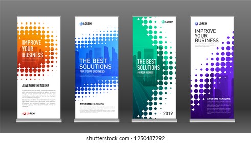 Construction roll up banners design templates set. Vertical banner for event with skyscrapers vector illustration on background.