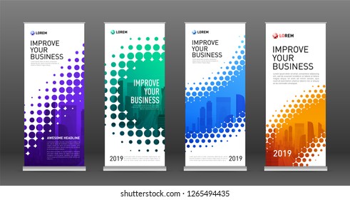 Construction roll up banners design templates set. Vertical banner for event with skyscrapers vector illustration on background.