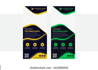 Construction roll up vertical banner design templates set. Abstract geometry with colored dark blue vector illustration on background. yellow and green on design element. space for photo. 