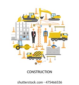 Construction round design with male staff building equipment brickwork barrier system on white background vector illustration