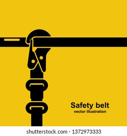 Construction safety belt black icon. Silhouette seat belt fastened to the pipe. Template banner for the layout of construction work and security. Vector illustration flat design. Isolated background.