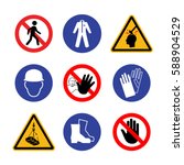 Construction safety & danger sign set. Wear protection: gloves, boots, robe, helmet. Do not enter / do not touch. Caution: heavy objects may fall. Vector illustration.