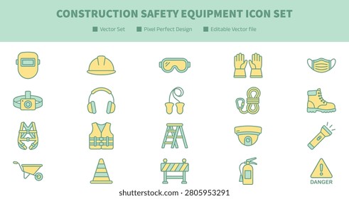 Construction Safety Equipment Icon Set Featuring Hard Hat Protective Gear Barriers and Workplace Protection Tools