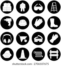 Construction Safety Gear Icons Set – High Visibility Vests, Helmets, Traffic Cones, and Barriers Vector Collection