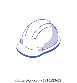 Construction safety hard hat icon in isometric blue outline style. Isometric line art of an industrial safety helmet in blue and white. Clean minimalist design focusing on work safety. Ideal for architectural diagrams or safety training presentations.