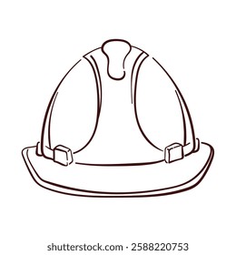 Construction safety Helmet logo in line art style. Hand drawn Industrial design for hardware store isolated on a white background.