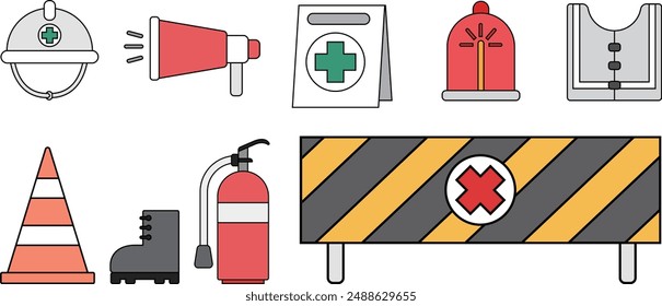 construction, safety helmet, sing, caution, siren, safety vest, safety shoe, conical hat, fire extinguisher