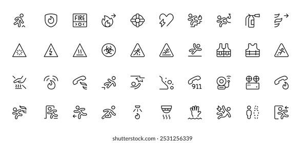 Construction safety icon, 911, protection and safety in the workplace, work area safety, notification and warning of danger, fire alert, caution, life guard, life jacket, emergency exit. vector