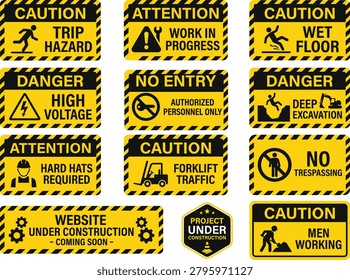 Construction safety icon. Workplace hazard related line icons: trip hazard, wet floor, high voltage, hard hat area, forklift traffic, men working, restricted zone and warning signage. Editable vector template. Vector illustration.