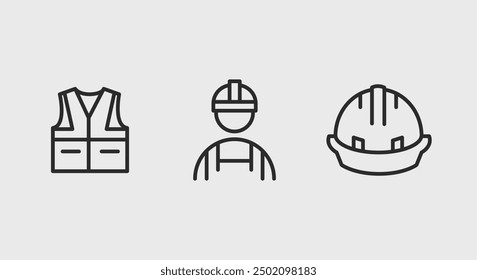 Construction safety icons. Construction safety trendy minimal icons set. Safety Vest, Construction Worker, Hard Hat icon. Design signs for web page, mobile app, packaging design. Vector illustration.