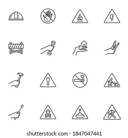 Construction safety line icons set, outline vector symbol collection, linear style pictogram pack. Signs logo illustration. Set includes icons as high voltage warning sign, protective helmet, hard hat