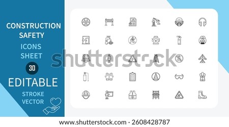 Construction Safety line icons set. Helmet, Earplugs, Goggles, Warning, Triangle, Crane and more. Outline vector icon in linear style. Editable stroke. Vector illustration.