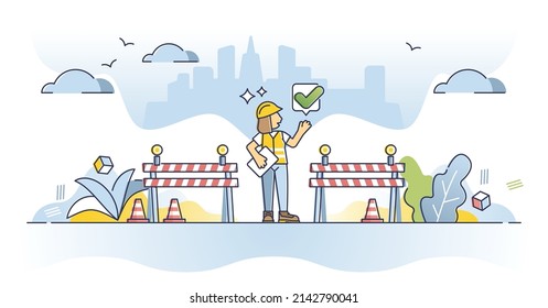 Construction safety with marked closed road for protection outline concept. Personal security equipment with helmet and vest for construction site vector illustration. Hazard requirement or regulation