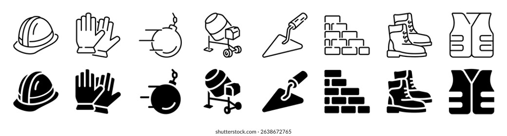 Construction safety and masonry icon set. Linear and silhouette style.