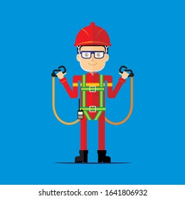 Construction Safety Officer wearing Personal Protective Equipment. Cool character worker with Double Lanyard Full Body Harness, hard hat, and red uniform. 