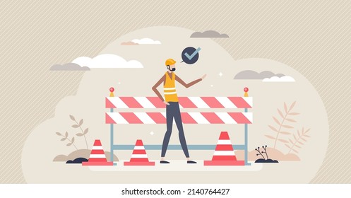 Construction Safety And Personal Protection Equipment Tiny Person Concept. Road Repair Site Risk Prevention With Striped Lines, Helmet And Vest With Safe Work Place Rule Management Vector Illustration