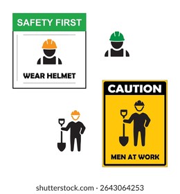 Pacote de sinal de segurança de construção com "usar capacete" e "Homens no trabalho" mensagens com ícones de trabalhador e pá. Perfeito para avisos de risco, locais de trabalho e exibições de segurança industrial.