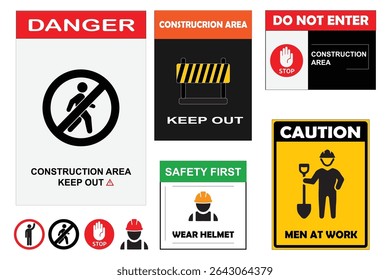 Um conjunto de sinais de segurança de construção com mensagens de "Perigo", Cuidado, Não entre, Mantenha afastado" e "Capacete Necessário". Ideal para locais de trabalho, fábricas e aplicação de segurança industrial.