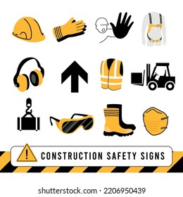 Construction safety signs vector set. Yellow and black icons isolated on white backdrop. Personal safety equipments and warning design elements. Safety signage board.