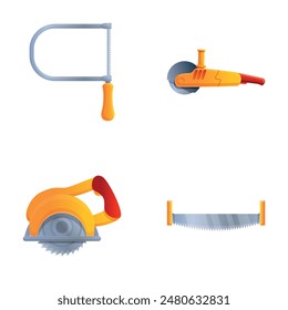 Construction saw icons set cartoon vector. Various type of saw. Gardening and repair equipment