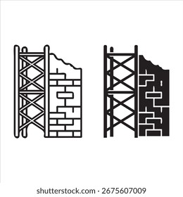 Andamio de construcción contra la ilustración del proceso de construcción de paredes de ladrillo