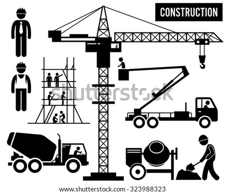 Construction Scaffolding Tower Crane Mixer Truck Sky Lift Heavy Industry Pictogram
