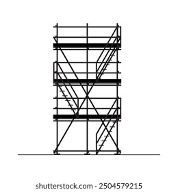 Construction scaffolding vector illustration. Three level of working at height platform safety using steel pipe and clamp. Monochrome, black and white vector image.