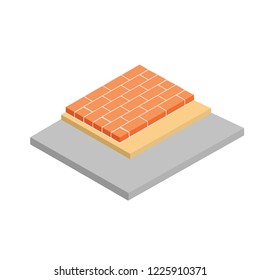 Construction scheme of laying the floor. Concrete stone base. Yellow soft ground. Brick facing. Material for road repair in three layers
