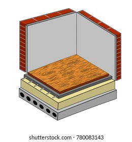 The construction scheme plan. Wooden floor with natural pattern layers with Underfloor heating, wall, yellow insulation, concrete floor with a hole, brickwork - cartoon illustration
