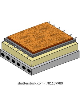 The construction scheme plan. Wooden floor with natural pattern layers with Underfloor heating, yellow insulation, concrete floor with a hole - cartoon illustration