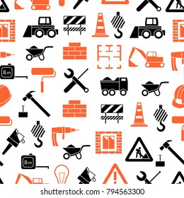 Construction Seamless Pattern Background on a White Symbol of Engineering Work and Equipment. Vector illustration