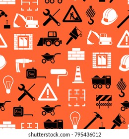 Construction Seamless Pattern Background on a Orange Symbol of Engineering Work and Equipment. Vector illustration