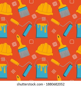 Construction Seamless Pattern with Helmet, Paint Roller, Paintbrush, and Paint Bucket. You can use this design to create poster, tshirt, pillow, tote bag, pouch, phone case, etc.