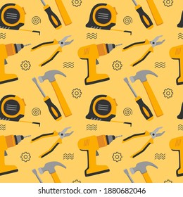 Construction Seamless Pattern with Tape Measure, Drilling Machine, Pliers, Screwdriver and Hammer. You can use this design to create poster, tshirt, pillow, tote bag, pouch, phone case, etc.