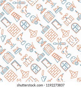 Construction seamless pattern with thin line icons: builder in helmet, work tools, brickwork, floor plan, plumbing, trowel, traffic cone, stepladder, jackhammer, wheelbarrow. Vector illustration.