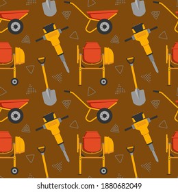 Construction Seamless Pattern with Wheelbarrow, Hydraulic Drill, Shovel, and Concrete Mixer. You can use this design to create poster, tshirt, pillow, tote bag, pouch, phone case, etc.