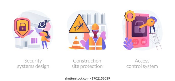 Construction security services abstract concept vector illustration set. Security systems design, construction site protection, authorized access control system, video surveillance abstract metaphor.